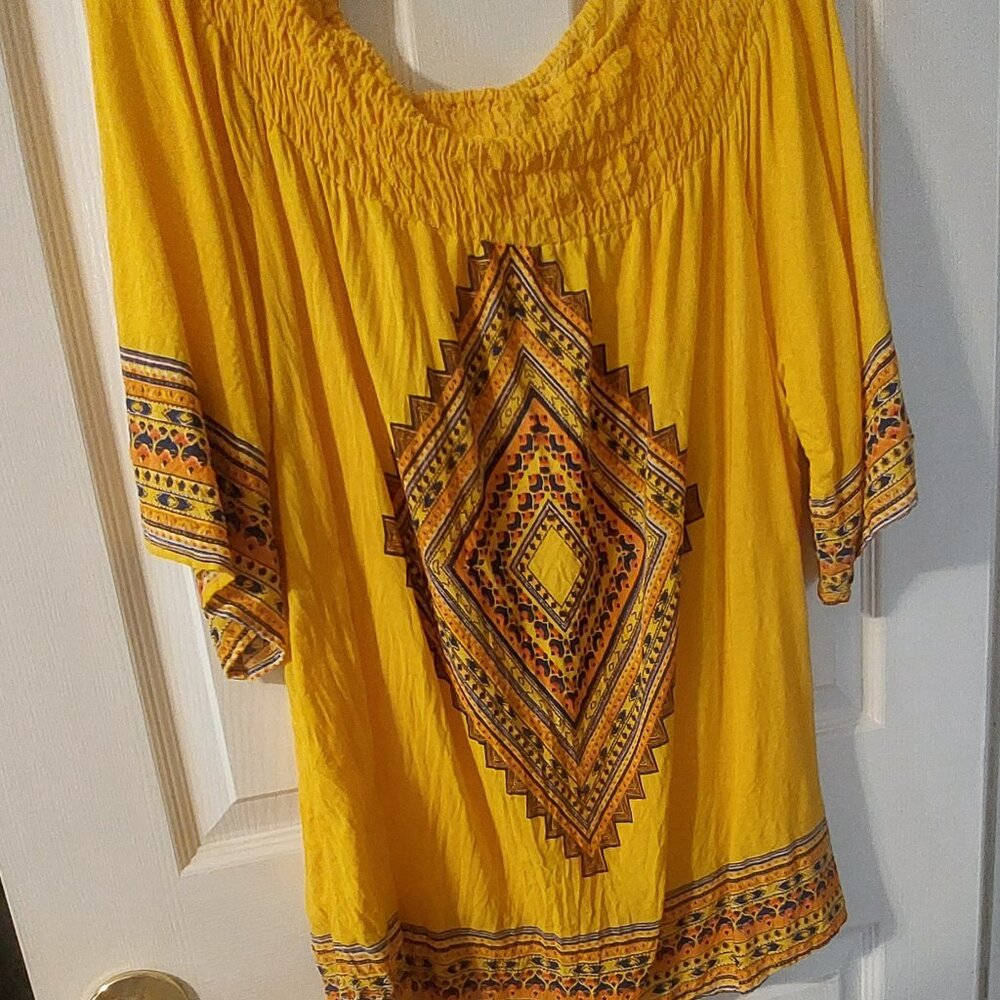Vibrant Boho style Yellow print Tunic Top Plus Size 2XL Unique Spectrum